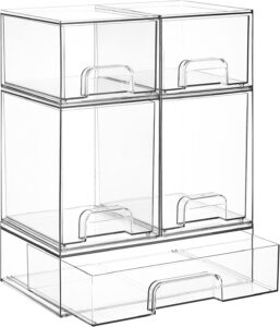 Vtopmart Stackable Storage Drawers Set of 5, Clear Plastic Organizer Bins for Baby Bottle, Beauty Supplies Storage, Ideal for Kichen Countertop, Vanity, Bathroom, Cabinet, Pantry Organization