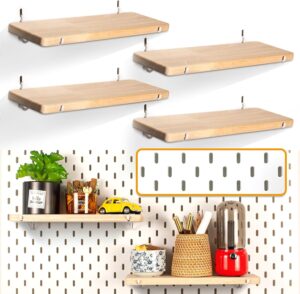4 Pack Pegboard Shelves, Solid Wood Peg Board Shelf with Hooks, Compatible with IKEA Skadis Pegboard, Organizer Accessories for Home & Office
