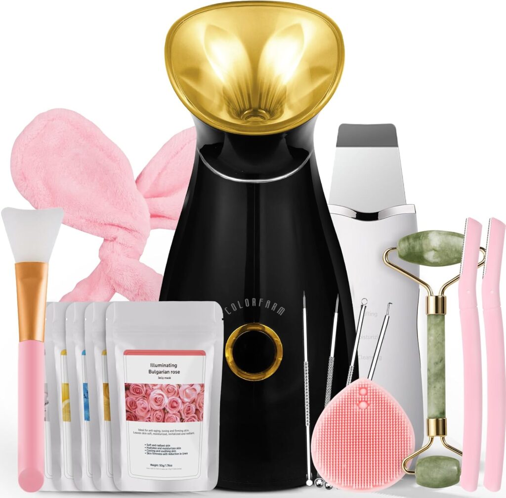 Colorfarm Facial Steamer Nano Ionic: Face Steamer Home Spa Kit Deep Cleaning Unclogs Pores Sinuses Inhaler with 8 Skin Care Tools – Relaxing Self Care Skincare Beauty Gifts for Women (Black Gold)