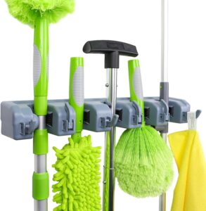 Amazon Basics Rectangular Heavy Duty Wall Mount Broom and Mop Holder, Sturdy Tool Organizer with Hooks and Slots for Garage, Garden, Laundry, Kitchen Organization, 2.36 x 16.9 x 3.35 in, Gray