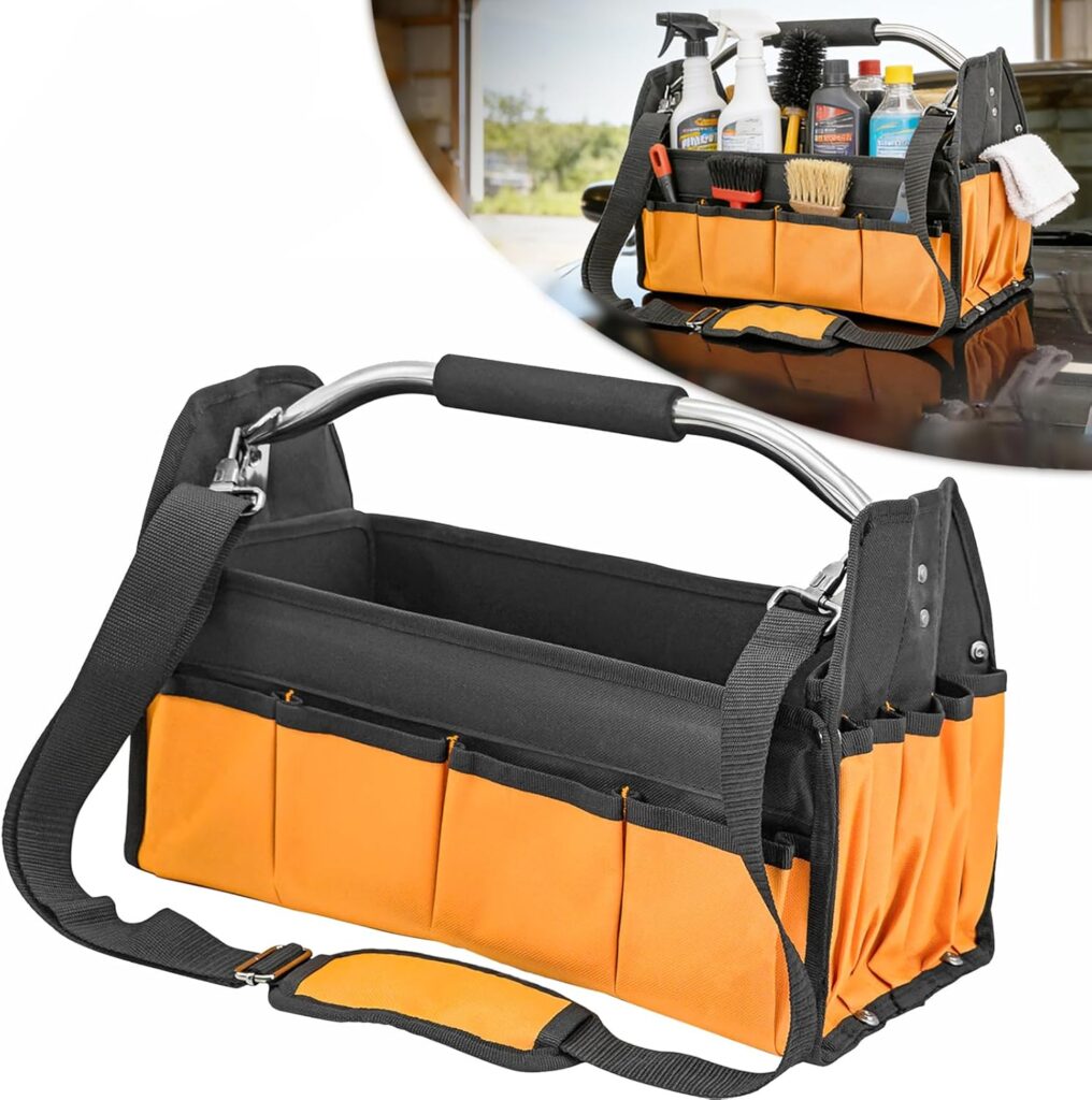 Collapsible Car Detailing Caddy Organizer, 16" Oxford Cloth Caddy with Handle & Strap, Multi-Pockets Storage Tote for Car Care Supplies, Garage Tools & Home Cleaning