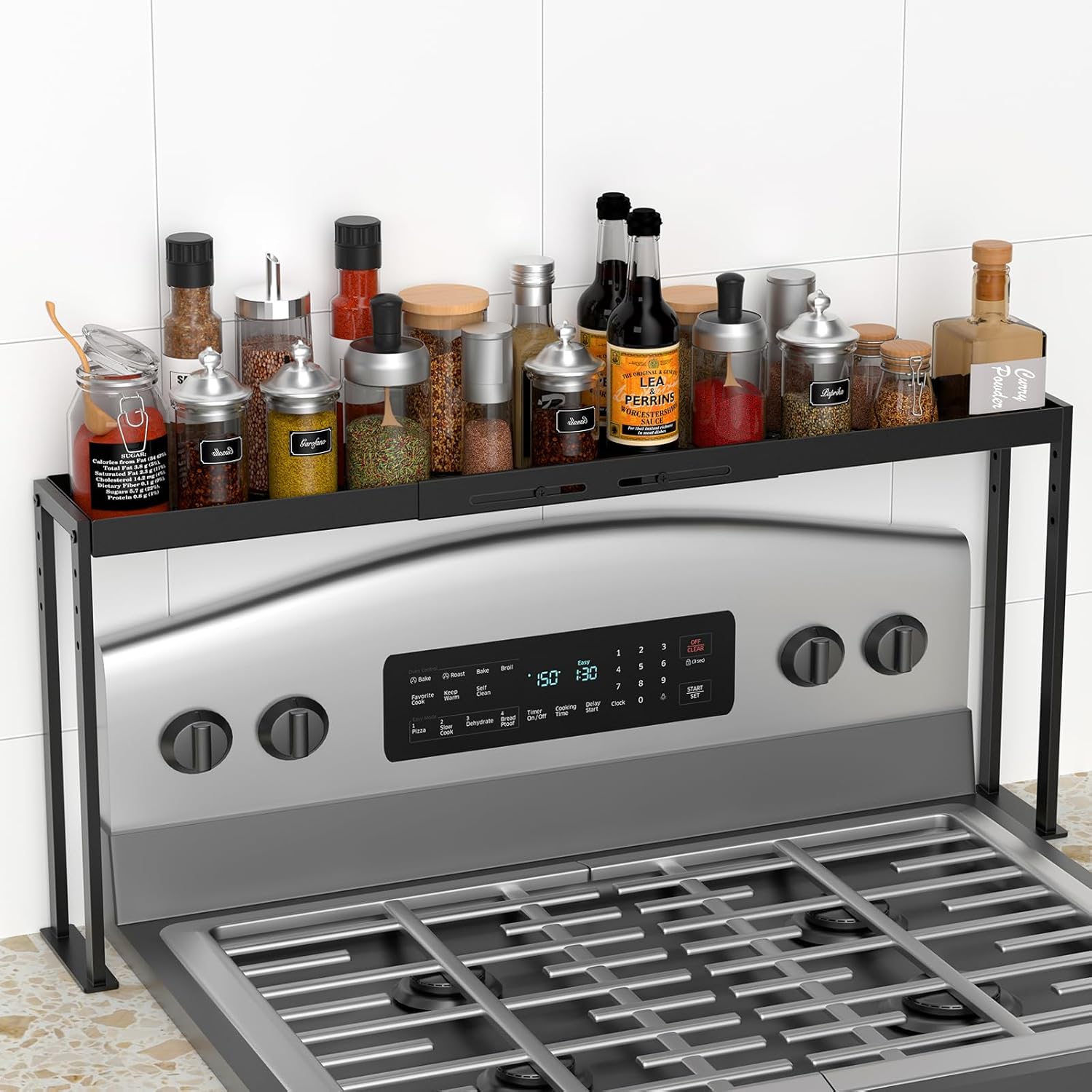 Spice Rack Shelf for Kitchen Stove, Adjustable 27 to 33 Inch Spice Rack Organizer, 4 Level Adjustable Height Stove Top Shelf for Kitchen, Over the Stove Shelf for Curved Stove, Black