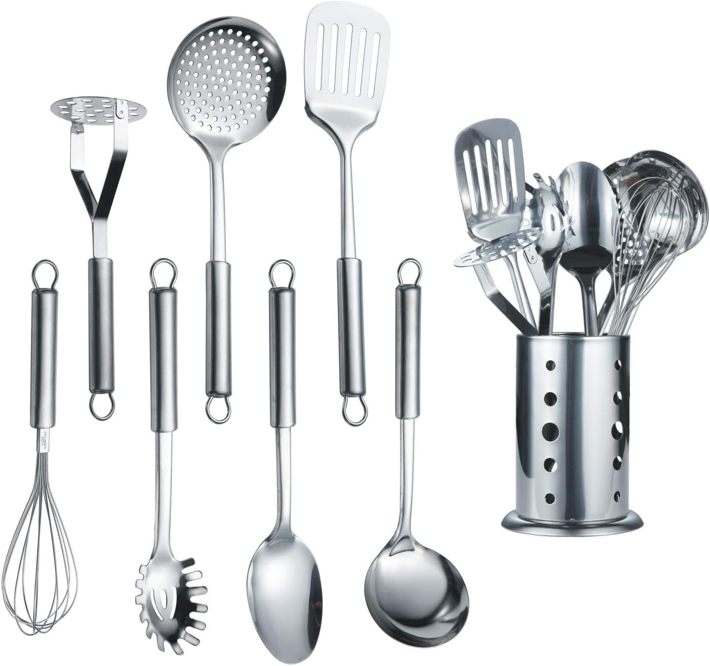Berglander Cooking Utensil Set 8 Piece, Stainless Steel Kitchen Tool Set with Stand,Cooking Utensils, Slotted Tuner, Ladle, Skimmer, Serving Spoon, Pasta Server,Potato Maseher, Egg Whisk. 8 Pieces
