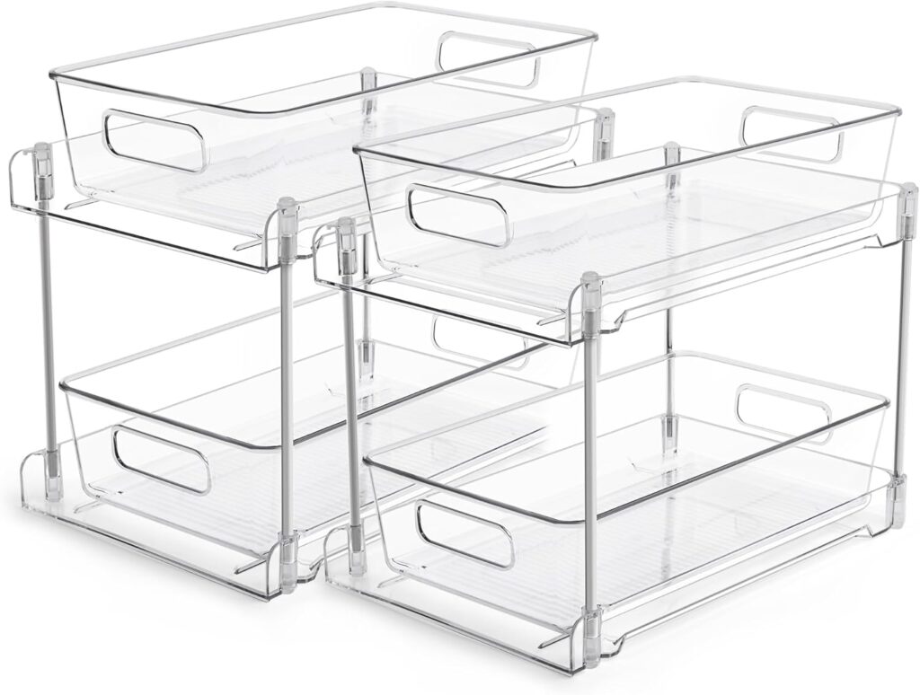 Vtopmart 2 Tier Bathroom Storage Organizer, 2 Pack Clear Under Sink Organizers Vanity Counter Container, Cabinet Drawers Bins, Pull-Out Organization with Track for Pantry, Kitchen