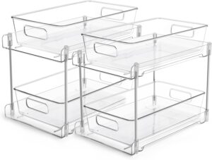 Vtopmart 2 Tier Bathroom Storage Organizer, 2 Pack Clear Under Sink Organizers Vanity Counter Container, Cabinet Drawers Bins, Pull-Out Organization with Track for Pantry, Kitchen