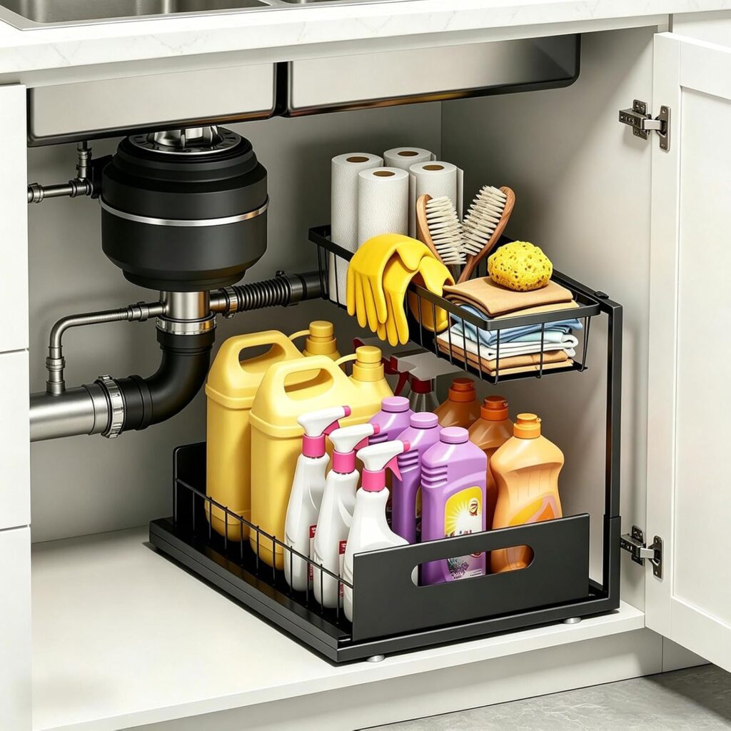 Ceetug Under Sink Organizers and Storage 2 Tier Slide Out Kitchen Cabinet Organizer Sturdy Metal Bathroom Storage (Black, 1 Pack)