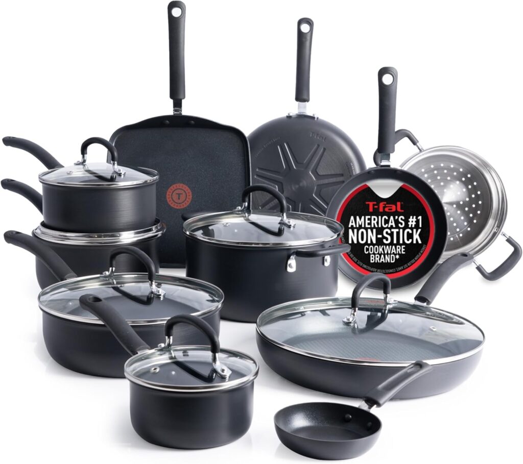 T-Fal Ultimate Hard Anodized Nonstick Pots and Pans Set 17 Piece, Nonstick Cookware Set with Fry Pan, Saucepans, Saute-Pan, Griddle, Dishwasher Safe, Onyx