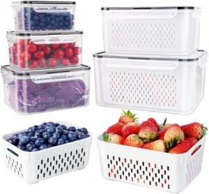 5 PCS Large Fruit Containers for Fridge - Leakproof Food Storage Containers with Removable Colander - Dishwasher & microwave safe Produce Containers Keep Fruits, Vegetables, Berry, Meat Fresh longer