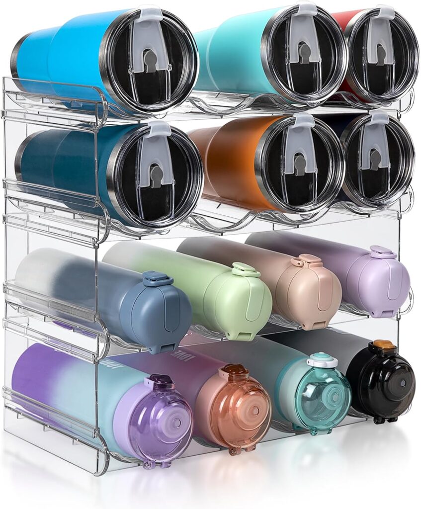 spospo Stackable Water Bottle Organizer, Large Compartment Water Bottle Holder, 4 Tier Clear Water Bottle Organizer for Cabinet, Bottle Rack for Kitchen Organization and Storage – Hold 16 Bottles