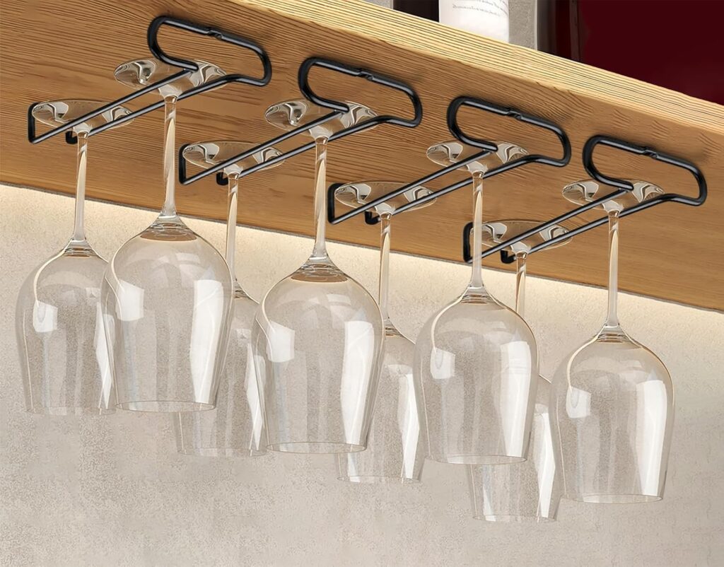 GeLive 7 Inch Wine Glass Holder Under Cabinet Stemware Rack Little Glass Hanger Storage Organizer for Short Space Kitchen and Bar Set of 4 (Black)