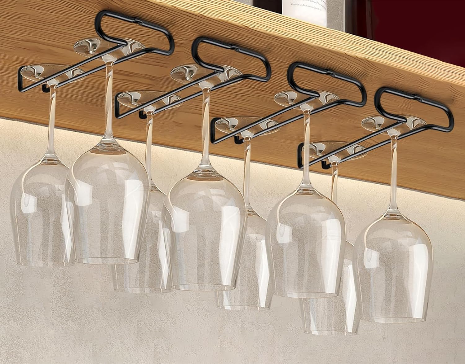GeLive 7 Inch Wine Glass Holder Under Cabinet Stemware Rack Little Glass Hanger Storage Organizer for Short Space Kitchen and Bar Set of 4 (Black)