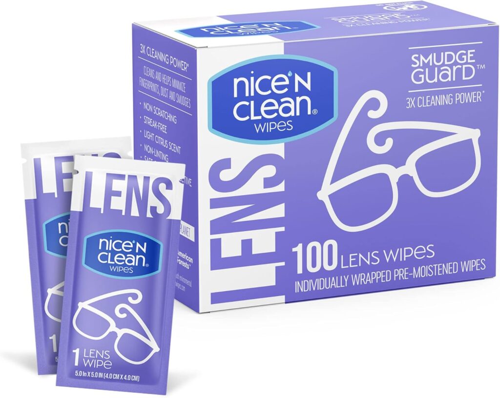 Nice n Clean SmudgeGuard Lens Cleaning Wipes (100 Total Wipes) | Pre-Moistened Individually Wrapped Wipes | Non-Scratching & Non-Streaking | Safe for Eyeglasses, Goggles, & Camera Lens