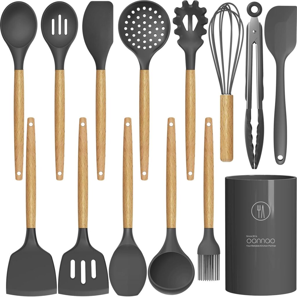 oannao Silicone Cooking Utensils Kitchen Utensil Set – 446F Heat Resistant Silicone Kitchen Utensils Set, Spatula,Turner Tongs, Spoon, Whisk,Kitchen Gadgets for Nonstick Cookware, BPA Free (Gray)