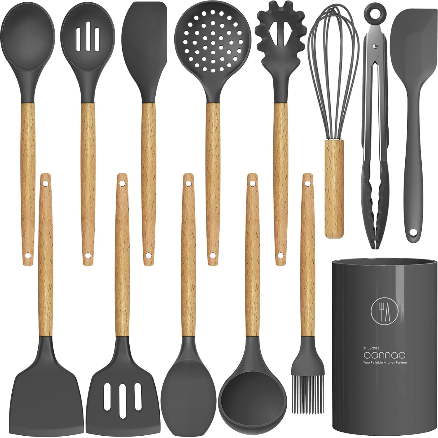 oannao Silicone Cooking Utensils Kitchen Utensil Set - 446F Heat Resistant Silicone Kitchen Utensils Set, Spatula,Turner Tongs, Spoon, Whisk,Kitchen Gadgets for Nonstick Cookware, BPA Free (Gray)