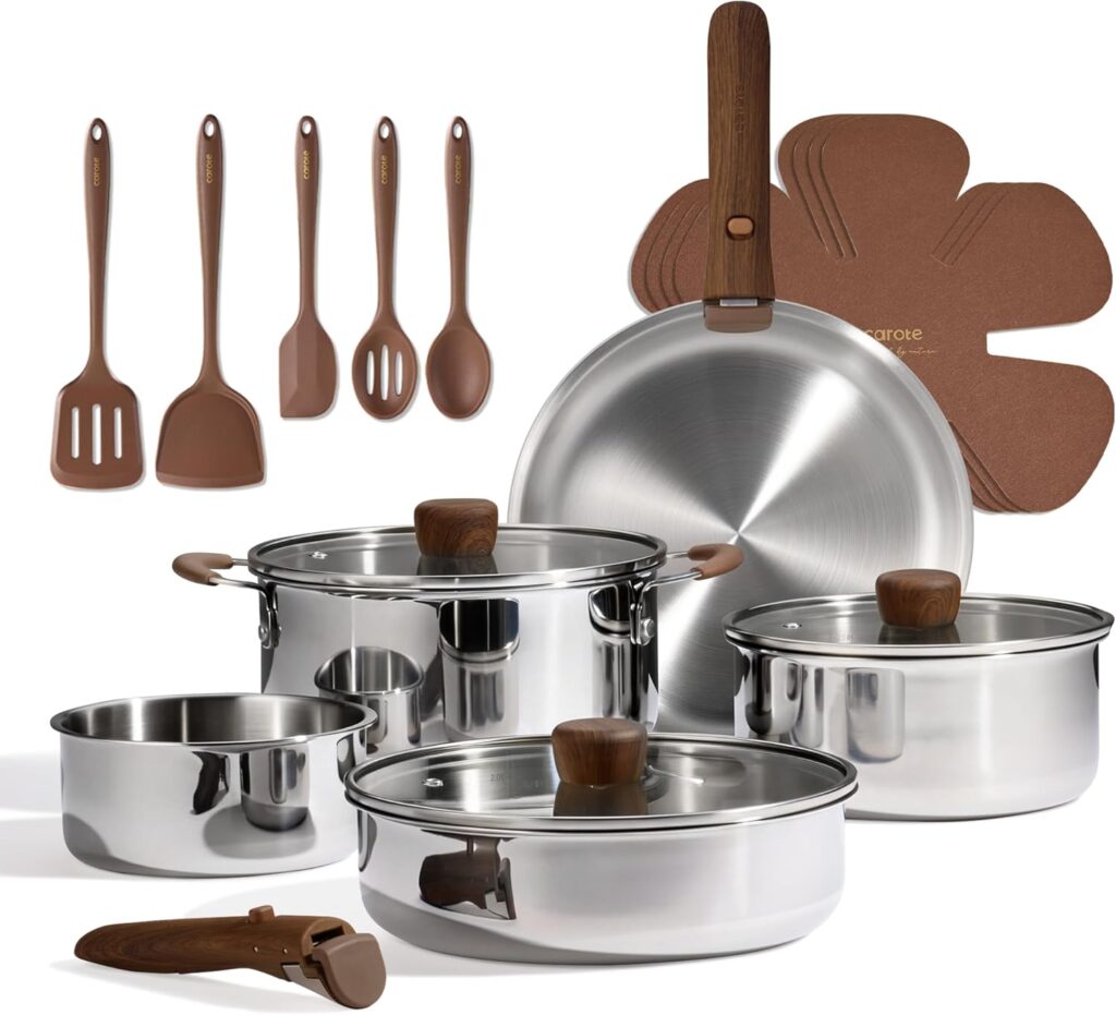 CAROTE 19pcs Stainless Steel Cookware Set with Detachable Handle, Pots and Pans Set, Induction Kitchen Cooking Sets, RV/Camping Cookware, Removable Handle, Oven Safe, Woodgrain
