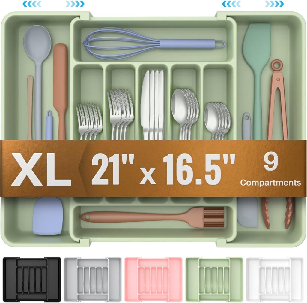 ukeetap Extra Large Expandable Silverware Organizer, BPA-Free Food-Safe Cutlery Flatware Organizer, Kitchen Utensil Drawer Organizer, Adjustable Silverware Holder for Spoons Forks Knives, Green