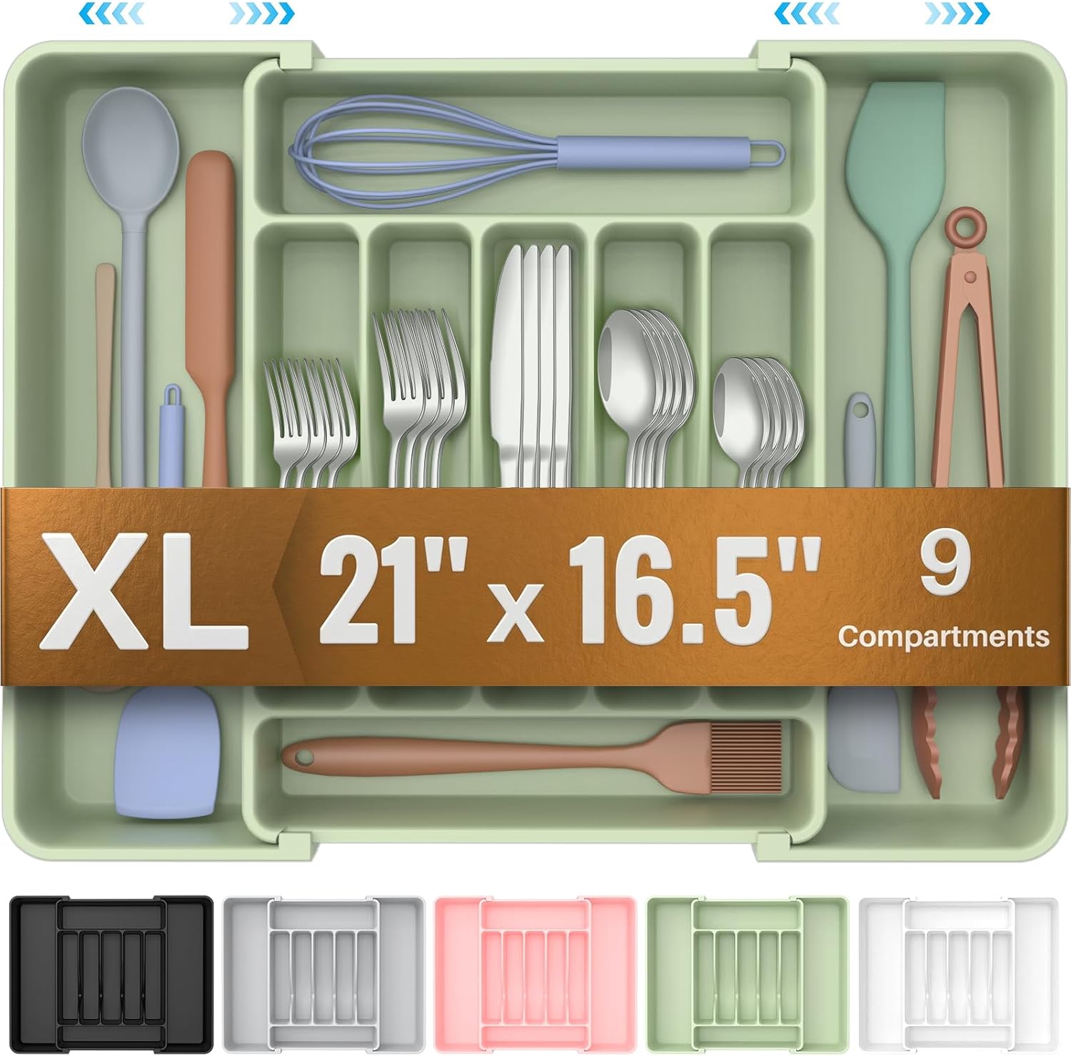 ukeetap Extra Large Expandable Silverware Organizer, BPA-Free Food-Safe Cutlery Flatware Organizer, Kitchen Utensil Drawer Organizer, Adjustable Silverware Holder for Spoons Forks Knives, Green