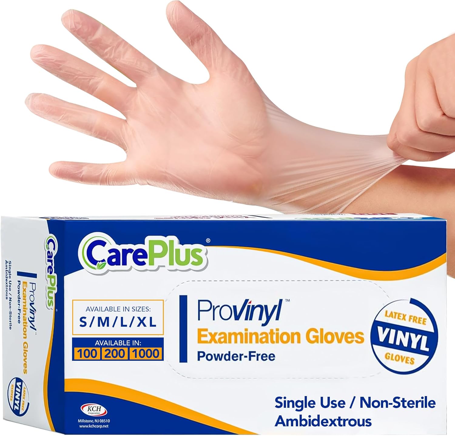 CARE PLUS Pro Vinyl Medical Examination Gloves, Size S, M, L, XL - 100 200 Count | Latex & Powder Free, Rubber, Non Sterile