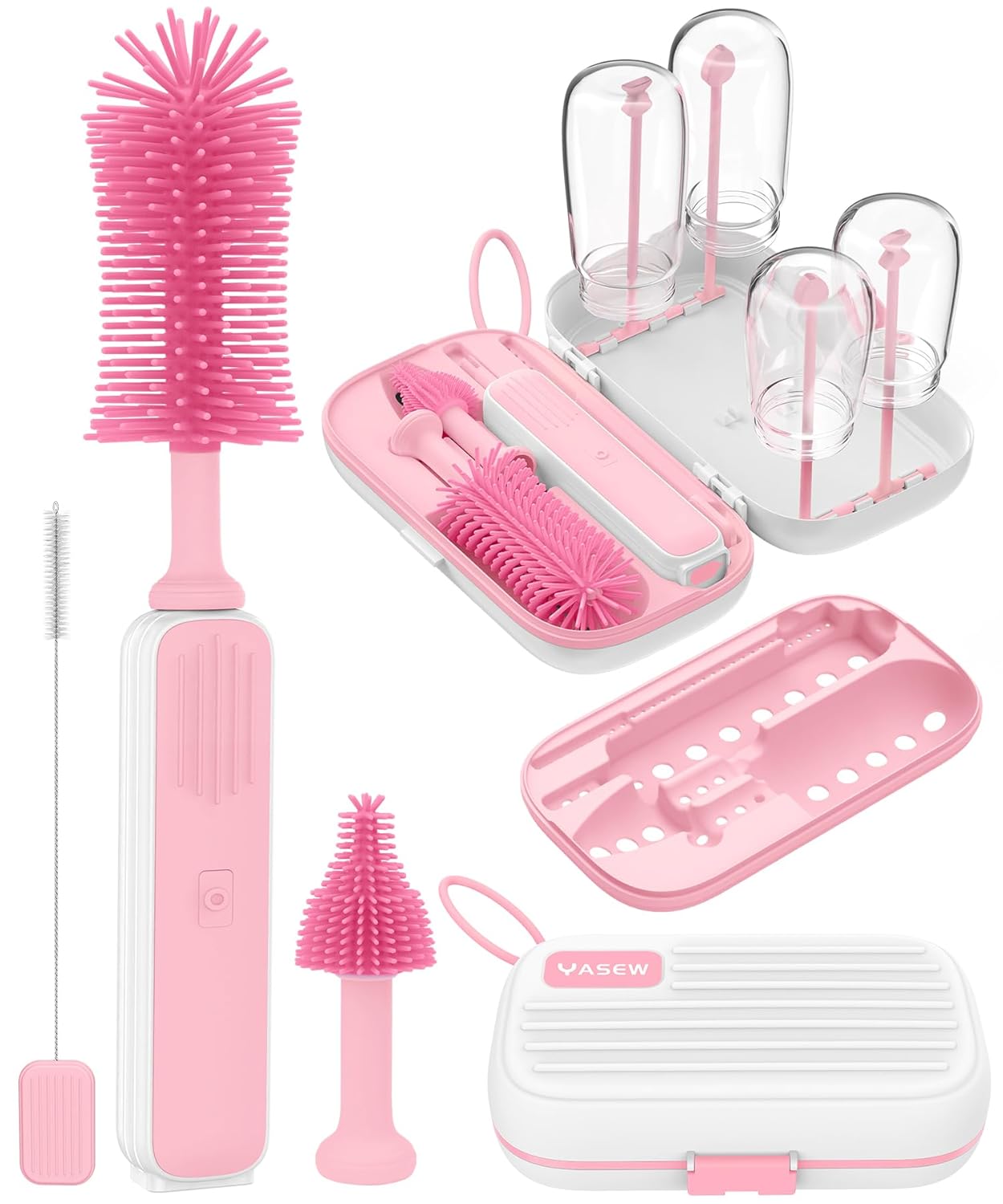 Electric Baby Bottle Brush Cleaner, Baby Travel Bottle Cleaner Kit- 2000mAh Rechargeable Silicone Brush, Drying Rack, Compact Storage Box, 360 Efficient Cleaning Bottle Brush for Home & On-The-Go