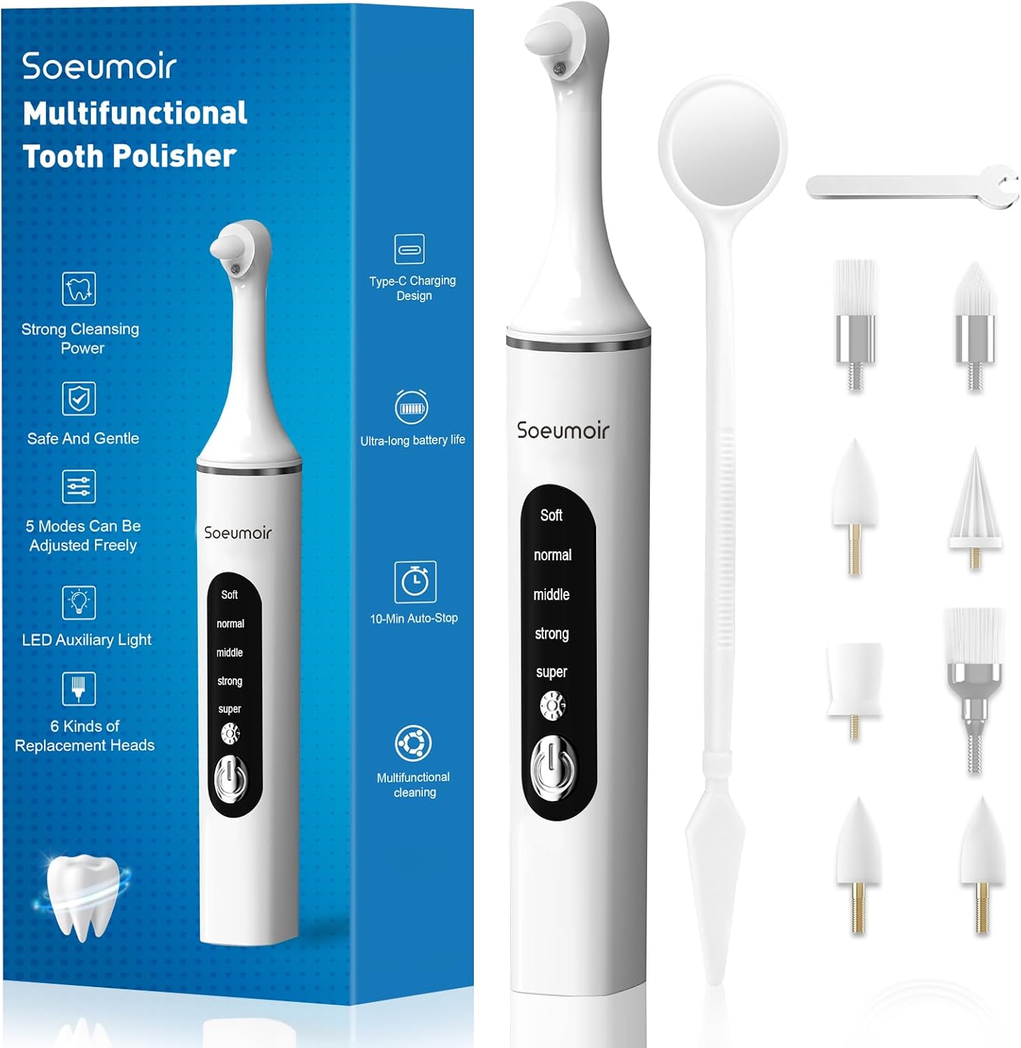 Tooth Polisher,Rechargeable Tooth Whitening Kit for Teeth Cleaning and Whitening, with 8 Brush Heads, LED Light, 5 Speed Modes Dental Polisher Personal Dental Care Kit for Home Use and Travel