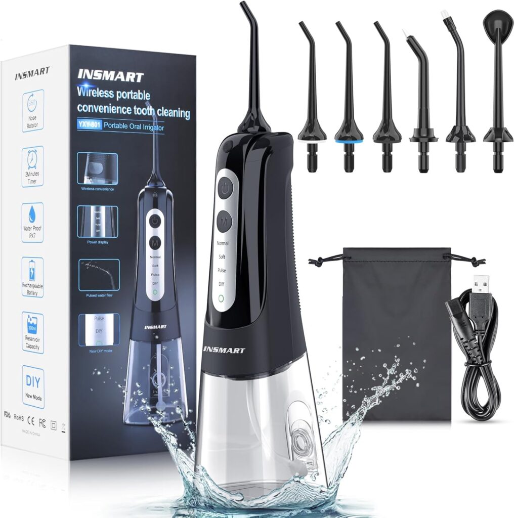 Cordless Water Dental Flosser Teeth Cleaner, INSMART Professional 300ML Tank DIY Mode USB Rechargeable Dental Oral Irrigator for Home and Travel, IPX7 Waterproof 6 Modes Irrigate for Oral Care