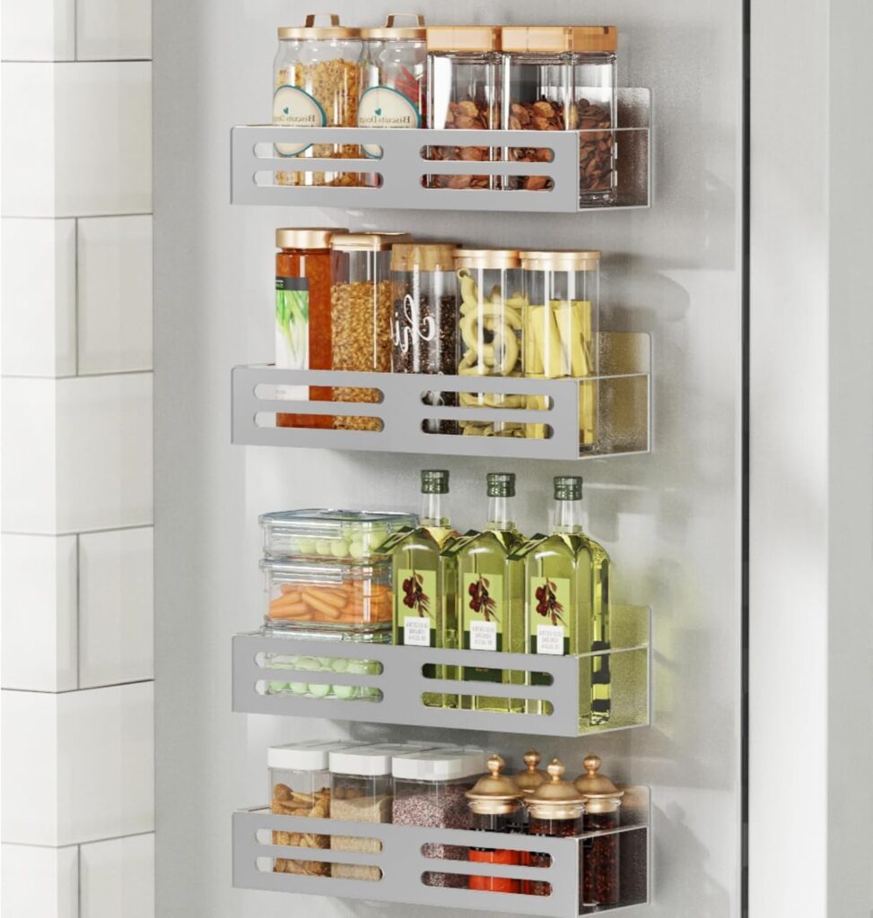 Magnetic Spice Rack for Refrigerator, Metal Spice Rack Organizer, Magnetic Shelf for Fridge 4Pack Grey