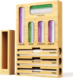 9 IN 1 Bamboo Foil and Plastic Wrap Organizer for Kitchen Drawer, Plastic Bag Organizer Organization and Storage, Food Storage Bag Organizer with Labels for Quart Gallon Snack Sandwich Bag
