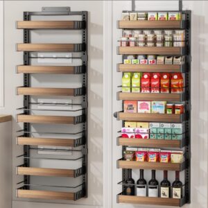 POKIPO 8 Tier Over The Door Pantry Organizer, 2 IN 1 Wall Mount or Hanging Spice Rack Seasoning Shelves with Adjustable Basket, Back of Door Organizer and Storage for Kitchen Cabinet and Room Closet