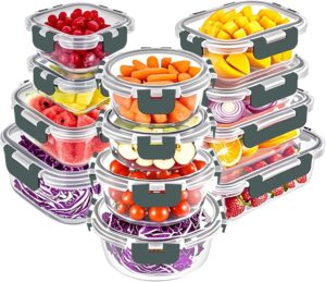 VERONES 12 Packs Glass Food Storage Containers Set, Airtight Glass Lunch Containers, Glass Meal Prep Containers with Lids,Exclusive of BPA, for Microwave, Oven, Freezer & Dishwasher Friendly,Grey