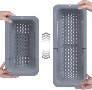 BLUE GINKGO Over the Sink Colander Strainer Basket - Wash Vegetables and Fruits, Drain Cooked Pasta and Dry Dishes - Extendable - New Home Kitchen Essentials (Grey, 1 Pack)