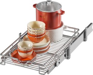 DINDON 1 Tier Pull Out Cabinet Organizer (14" W x 18" D) Heavy-Duty Metal Sliding Drawer Shelf, Slide Out Wire Basket for Kitchen Cabinets, Pantry, Bathroom, Chrome Finish