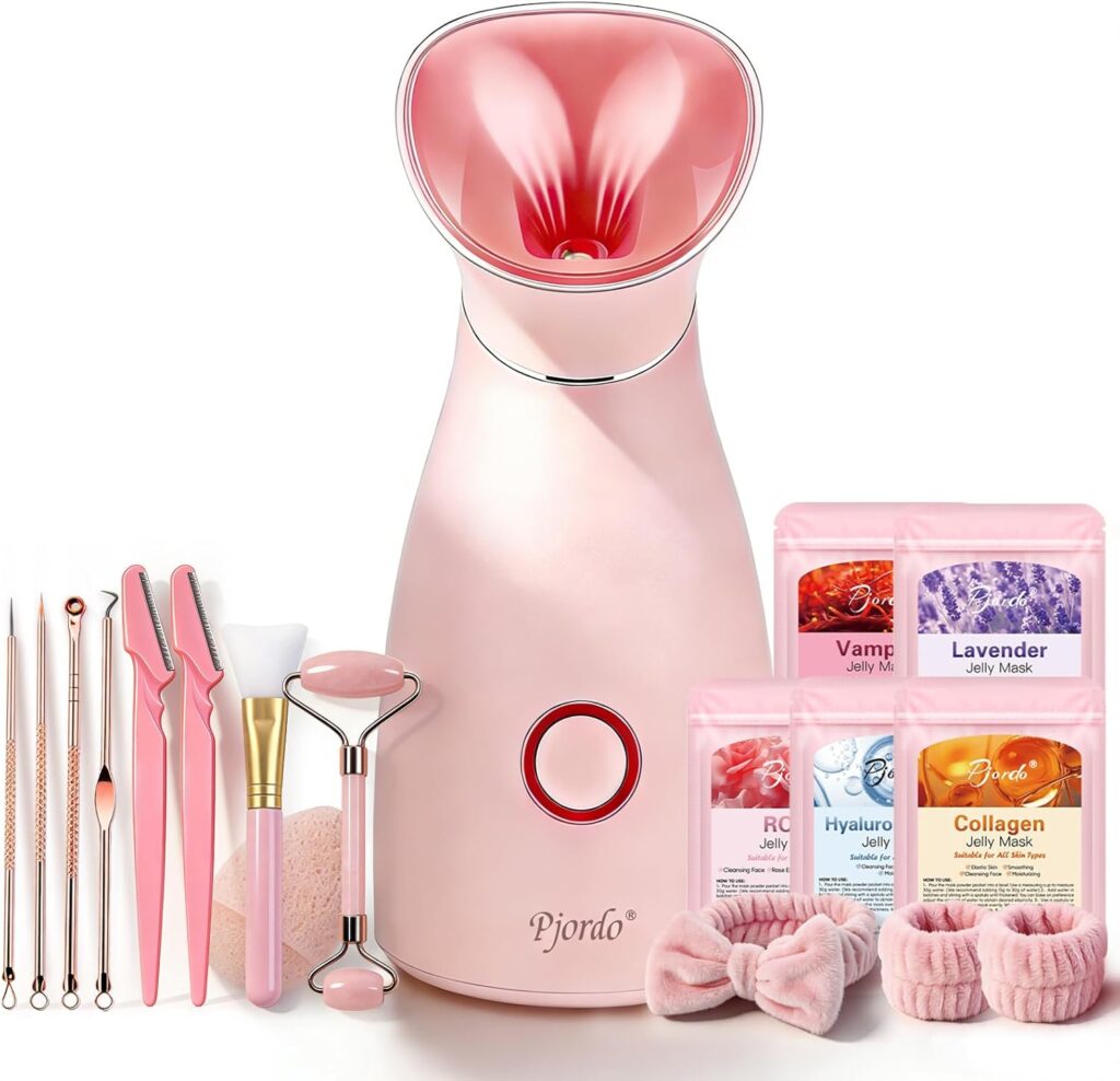 Pjordo Facial Steamer Spa Kit, 12 Skin Care Tools & 5 Jelly Mask Powder, Nano Ionic Steamer for Facial Deep Cleaning Unclog Pores Sinuses, Warm Mist Humidifier for Home SPA, Mothers Day Gifts for Her