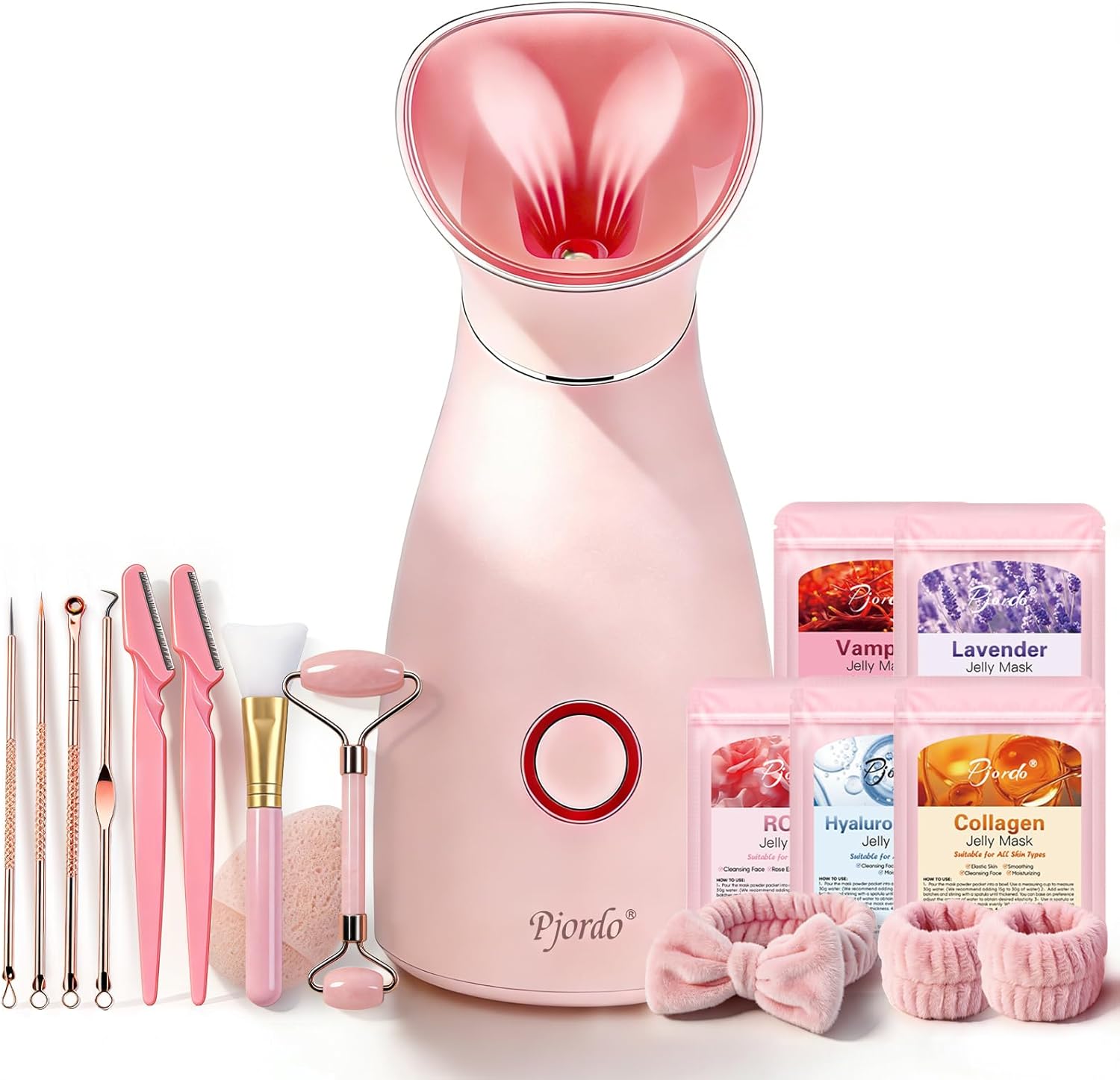 Pjordo Facial Steamer Spa Kit, 12 Skin Care Tools & 5 Jelly Mask Powder, Nano Ionic Steamer for Facial Deep Cleaning Unclog Pores Sinuses, Warm Mist Humidifier for Home SPA, Mothers Day Gifts for Her
