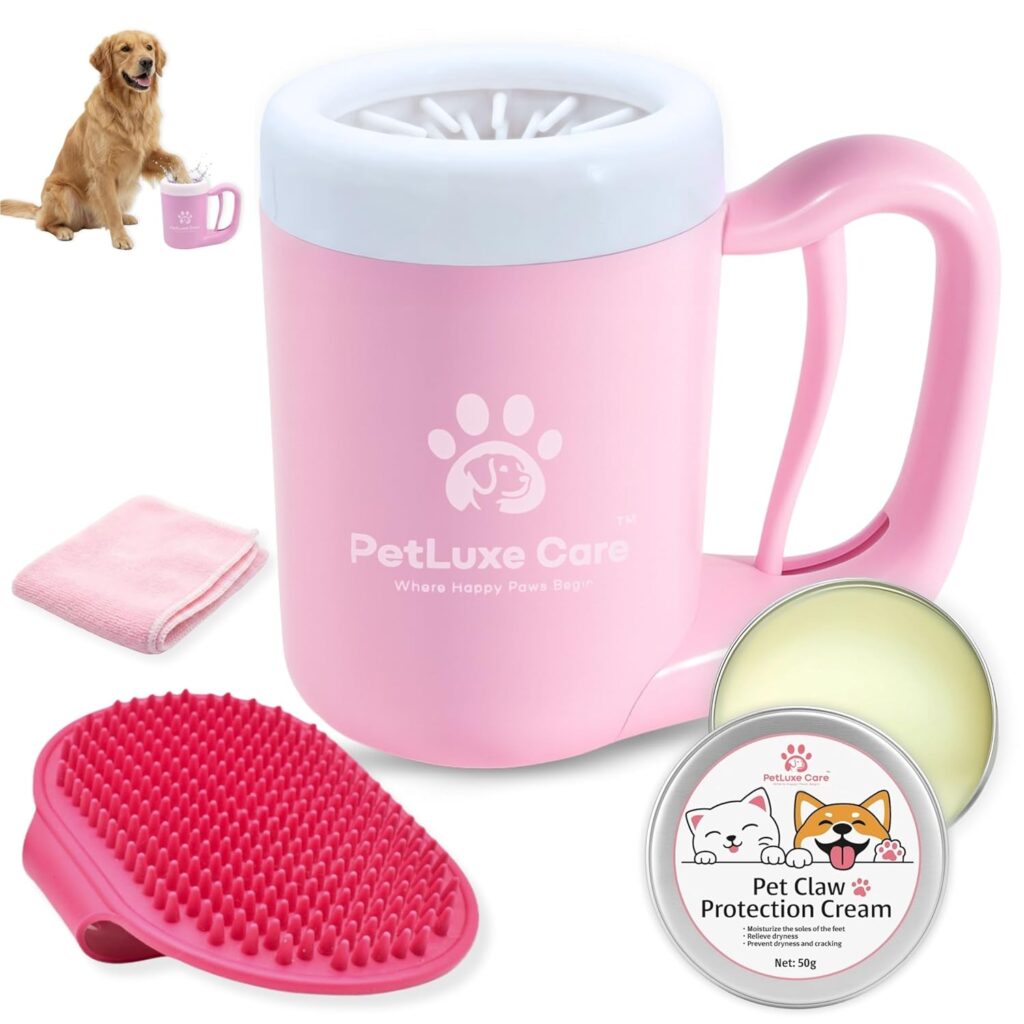 Dog Paw Cleaner Kit - Includes Paw Washer Cup, Towel, Pet Bath Brush & Moisturizing Balm - Dog Foot Washer for Muddy Paws, ideal for Small & Medium Dogs (Pink, Medium)