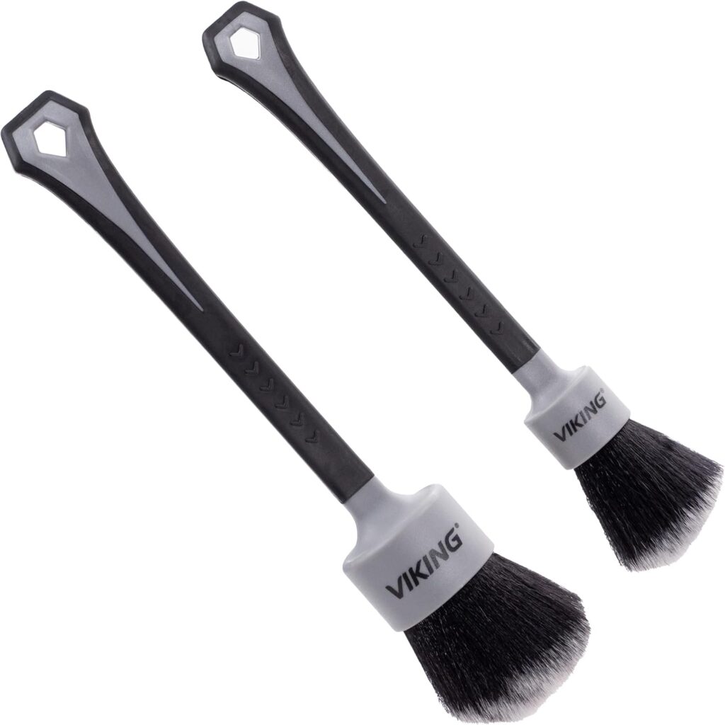 VIKING Car Detailing Brush Set for Car Cleaning Kit, Super-Soft Bristles for Interior Detail, Black/Grey, Includes Medium 1 Inch Diameter and Large 1.5 Inch Diameter Brush Heads, 2 Pack