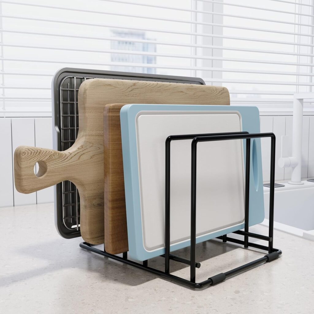 AKSONMN Baking Sheet Organizer Rack  5-Slot Bakeware & Cookie Tray Holder for Kitchen Cabinet or Countertop, Stainless Steel Cutting Board Rack with Rust-Resistant Frame & Anti-Slip Feet