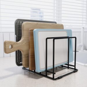 AKSONMN Baking Sheet Organizer Rack  5-Slot Bakeware & Cookie Tray Holder for Kitchen Cabinet or Countertop, Stainless Steel Cutting Board Rack with Rust-Resistant Frame & Anti-Slip Feet