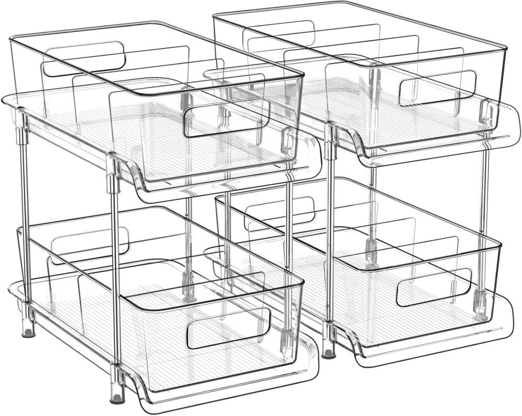 HIHEGD 2-Tier Bathroom Organizer with Dividers, Clear Under Sink and Pull-Out Cabinet Organizer for Kitchen and Pantry Storage