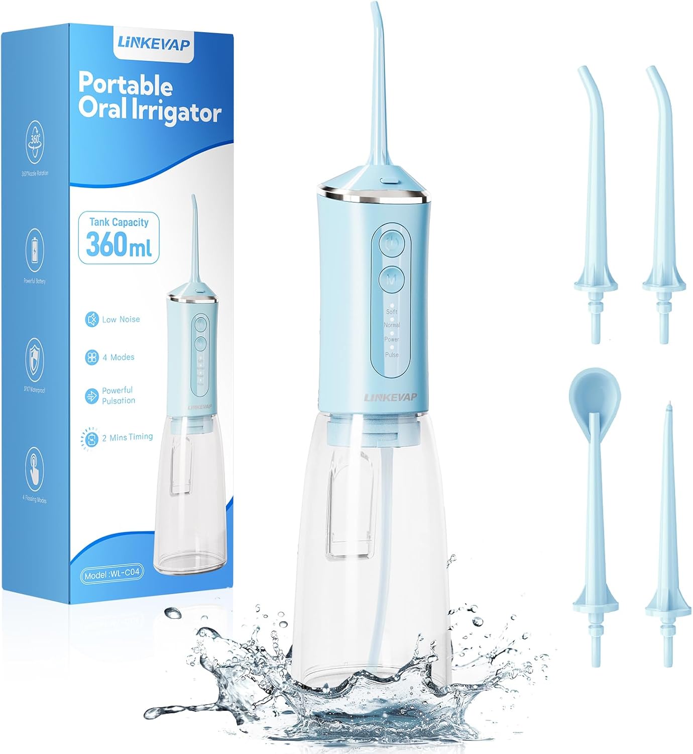 LINKEVAP Water Flosser for Teeth Pick,360ML Rechargeable Travel Oral Irrigator Cleaner,IPX7 Waterproof Daily Dental Care Machine for Home (Blue)