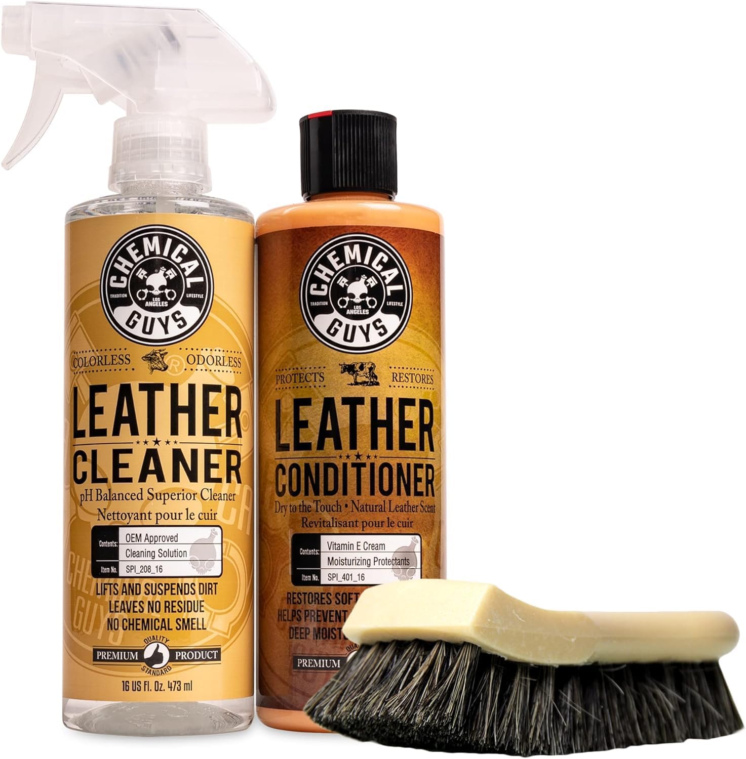 Chemical Guys SPI410 Leather Cleaner and Conditioner Bundle with ACC_S95 Long Bristle Horse Hair Leather Cleaning Brush, Safe for Car, Home, Office, & More (3 Item Bundle with 2-16 fl oz Bottles)