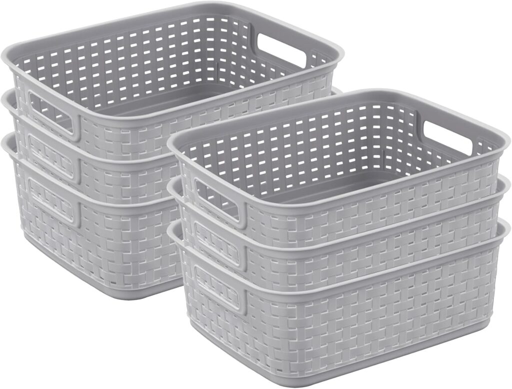 Sterilite Short Plastic Weave Storage Basket, Bin Organization for Countertops, Tabletops, and Shelves for Crafts, Jewelry, Gray, 6-Pack