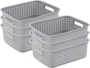 Sterilite Short Plastic Weave Storage Basket, Bin Organization for Countertops, Tabletops, and Shelves for Crafts, Jewelry, Gray, 6-Pack