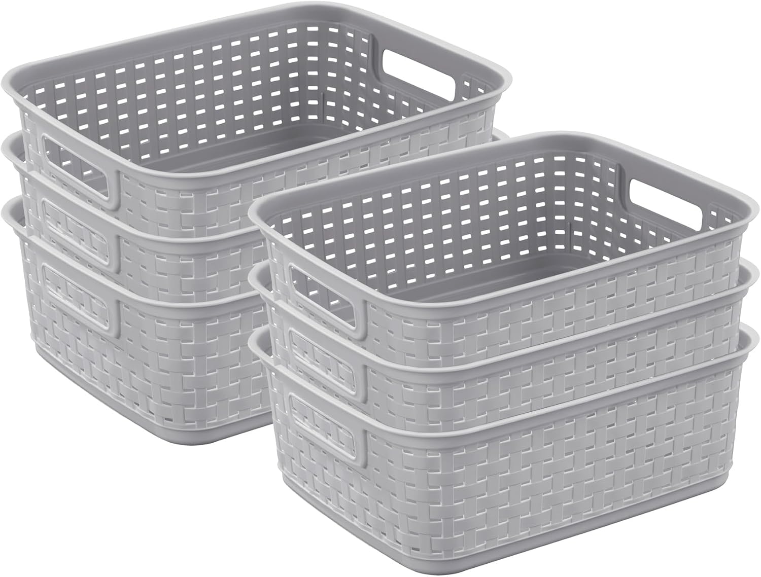 Sterilite Short Plastic Weave Storage Basket, Bin Organization for Countertops, Tabletops, and Shelves for Crafts, Jewelry, Gray, 6-Pack