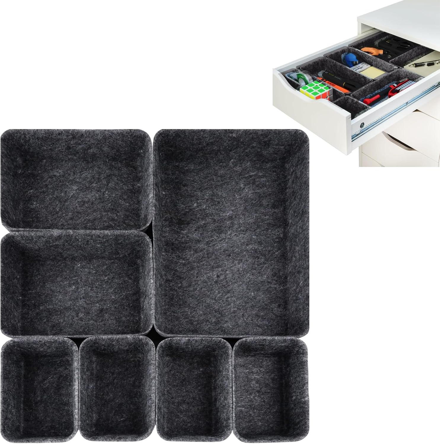 Drawer Organizer Compatible with Alex  7 Pack Felt Desk and Makeup Drawer Organizers, Soft Storage Bins for Office, Vanity, Bedroom, and Dresser Drawers