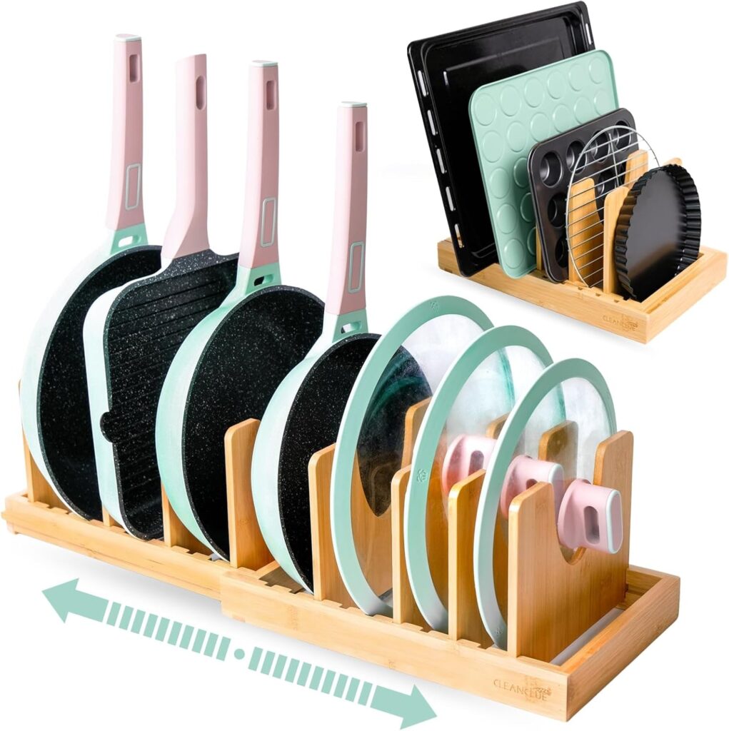 Pots and Pans Organizer under Cabinet, Bamboo Expandable Bakeware and Cutting Board Organizers, Adjustable Pot Lids Holder Rack, Cookie Sheet Baking Pan, Tray Organizer for Kitchen Storage (Natural)