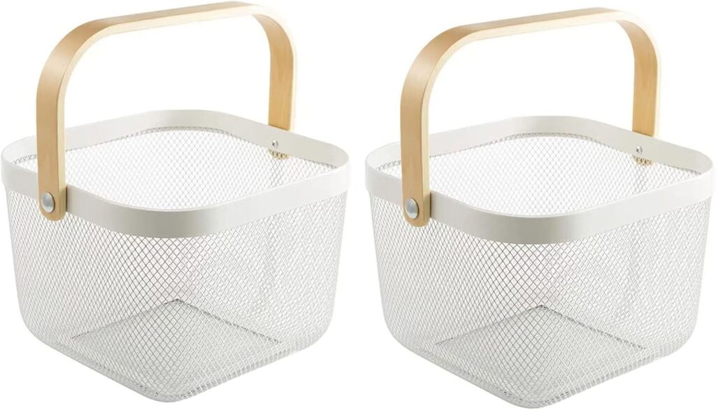 AJIODA 2 Pack Metal Mesh Steel Basket, Storage Organizer Basket Multi-function Hanging Kitchen Baskets Fruit Basket Bin with Wood Handle for Kitchen Bathroom Picnic Cabinet Home Decor, White