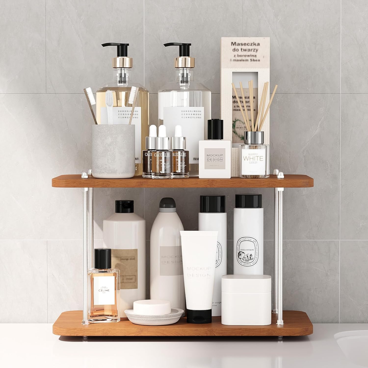 Bathroom Counter Organizer,Bathroom Shelf Organizers & Sink Organizer,Vanity Organizers,Storage Skincare,Makeup,Perfume,Spices,Coffee Station,for Corner,Dresser,Kitchen,Adjustable Height(2Tier)