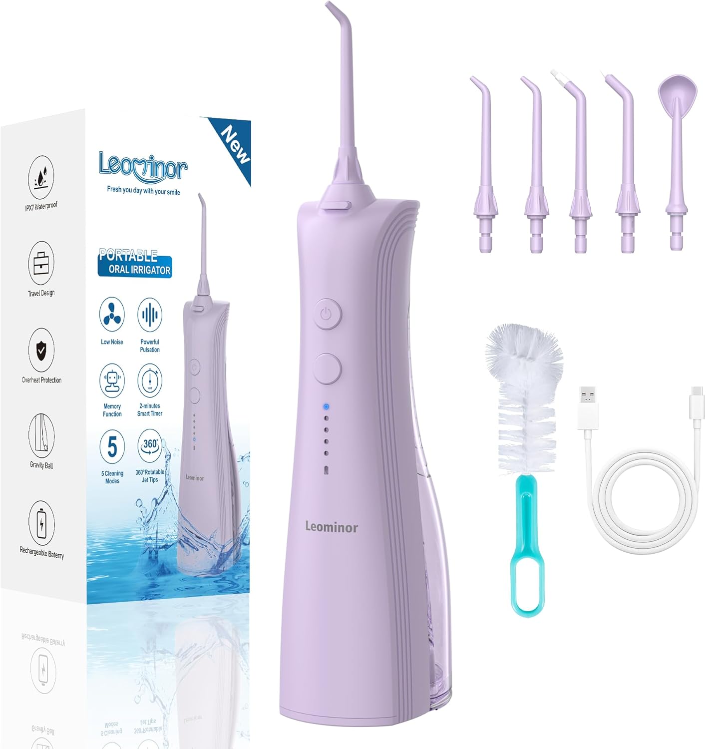 Leominor Water Dental Flosser - 5 Modes Cordless Oral Irrigator, IPX7 Waterproof, Rechargeable Teeth Cleaner Upgrade Datchable Tank Professional Flossing Cleaning Pick for Home Travel (Purple)