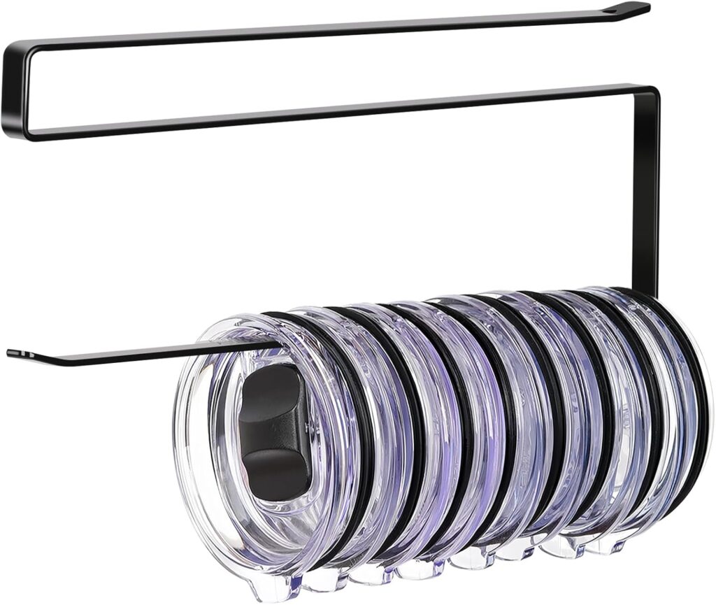 Tumbler Lid Organizer, Horizontal Tumbler Lid Storage Hook Up to 10 Lids, Space Saving Cup Lid Holders Under Cabinet Tumbler Lid Hook for Kitchen Organizer and Storage,Hanging Paper Towel Rack Hanger
