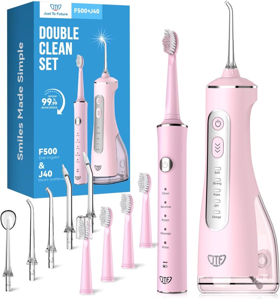 JTF Electric Toothbrush with Water Flosser Combo: 2-in-1 Portable Oral Clean Kit for Effective Yet Gentle Brushing & Flossing, Multiple Modes for Braces & Sensitive Gums Care, Cordless for Home Travel